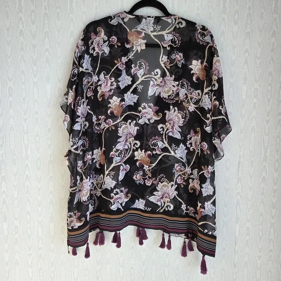 White House Black Market Kimono L XL Black Sheer Chiffon Tasseled Lagenlook Boho - Picture 4 of 10